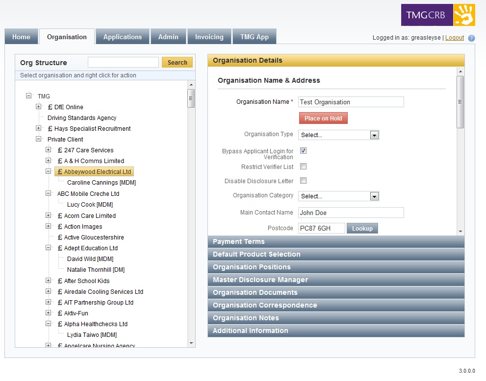 The organisation structure in TMGAPS. The treeview dynamically loads in organisations and properties as they are expanded. Properties can be set against the nodes on the right hand side.